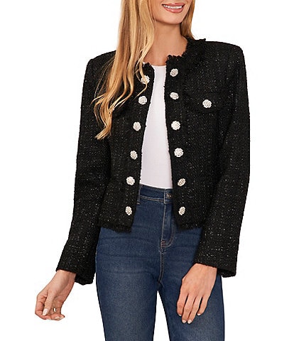 CeCe Metallic Tweed Crew Neck Long Sleeve Rhinestone Button Front Coordinating Jacket