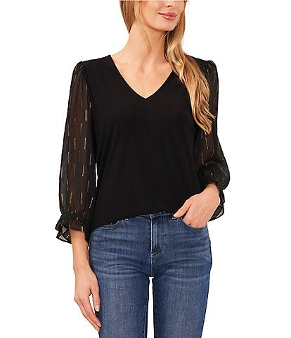 CeCe Mixed Media 3/4 Lurex Clip Chiffon Sleeve V-Neck Crepe Knit Top