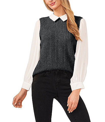 CeCe Mixed Media Long Sleeve Spread Collar Cable Knit Sweater Vest Top