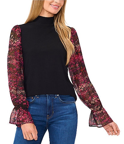 CeCe Mock Neck Long Mesh Sleeve Blouse