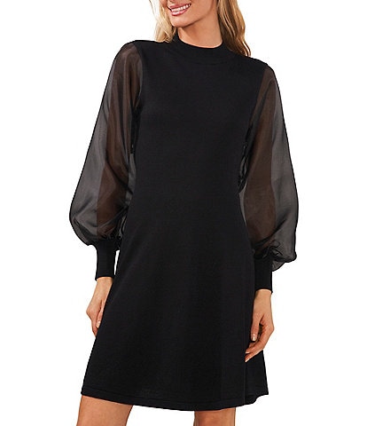CeCe Mock Neck Organza Long Sleeve Fit and Flare Sweater Dress