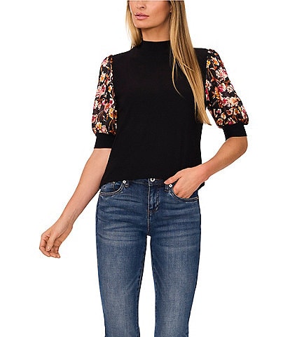 CeCe Mock Neck Short Puffed Sleeve Blouse