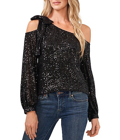 CeCe One Shoulder Long Sleeve Sequined Bow Blouse