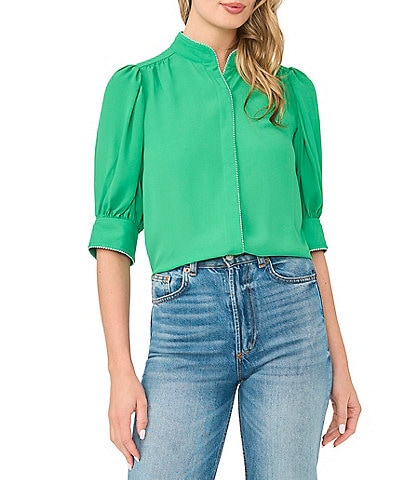 CeCe Pearce Collar Elbow Sleeve Contrast Stitch Button Front Blouse