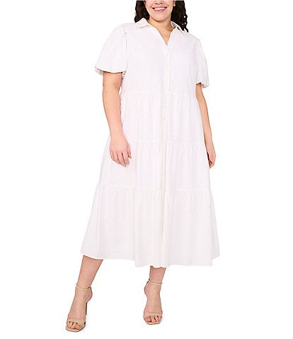 CeCe Plus Size Collared Short Sleeve Linen Blend Tiered Midi Shirt Dress