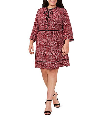 CeCe Plus Size Ditzy Floral Print 3/4 Sleeve Bow Crew Neck Contrasting Piping Trim A-Line Dress