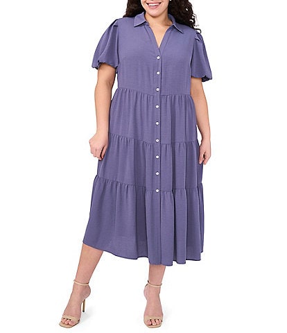 CeCe Plus Size Drapey Gauze Point Collar V Neck Short Puff Sleeve Button Front Tiered Midi A-Line Shirt Dress