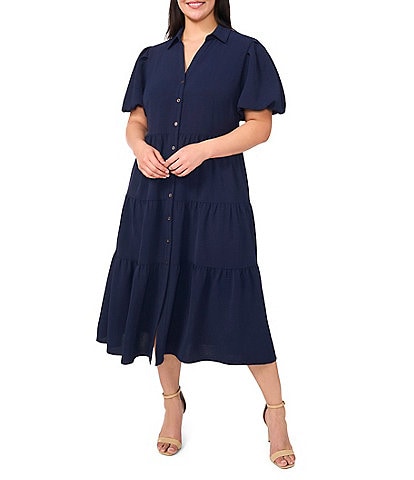 CeCe Plus Size Drapey Gauze Point Collar V Neck Short Puff Sleeve Button Front Tiered Midi A-Line Shirt Dress