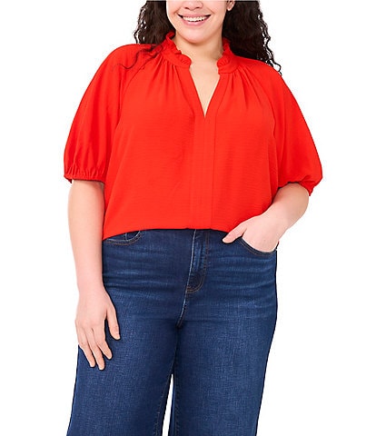 CeCe Plus Size Drapey Gauze Ruffled Split V-Neck Short Puffed Sleeve Blouse