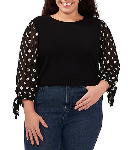 CeCe Plus Size Floral Embroidered 3/4 Tie Sleeve Crew Neck Knit Top