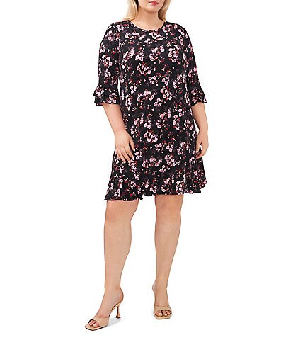 CeCe Plus Size Floral Print Elbow Flare Sleeve Jewel Neck Dress