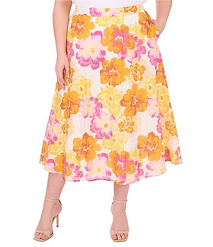CeCe Plus Size Floral Print High Rise Midi A-Line Skirt