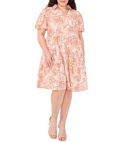 CeCe Plus Size Floral Print Short Sleeve Point Collar Button Front Tiered A-Line Shirt Dress