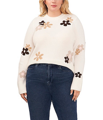 CeCe Plus Size Flower Jacquard Crew Neck Dropped Long Sleeve Pullover Sweater