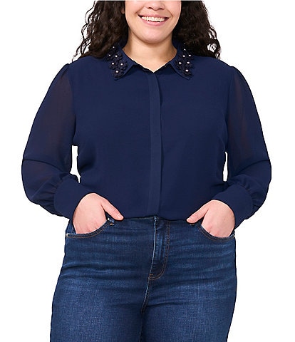 CeCe Plus Size Georgette Floral 3D Applique Pointed Collar Long Sleeve Hidden Button Front Blouse