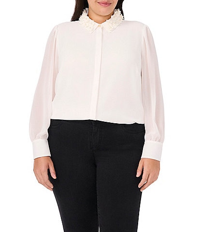 CeCe Plus Size Georgette Floral 3D Applique Pointed Collar Long Sleeve Hidden Button Front Blouse