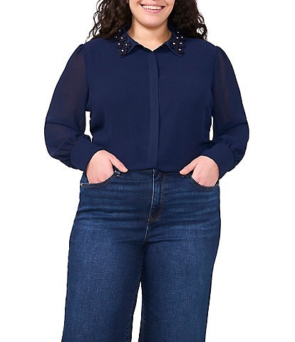 CeCe Plus Size Georgette Floral 3D Applique Pointed Collar Long Sleeve Hidden Button Front Blouse