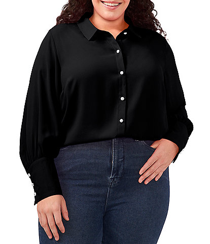 CeCe Plus Size Heavy Georgette Point Collar Long Sleeve Pearl Button Front Shirt