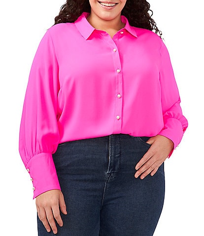 CeCe Plus Size Heavy Georgette Point Collar Long Sleeve Pearl Button Front Shirt