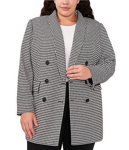 CeCe Plus Size Houndstooth Print Double Breasted Long Sleeve Shawl Lapel Statement Blazer