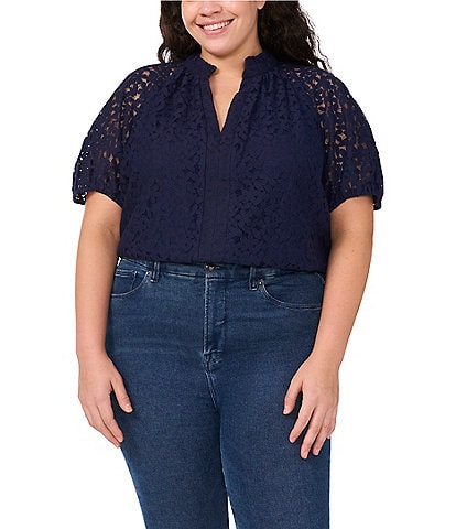 CeCe Plus Size Lace Ruffle V-Neck Short Sleeve Top