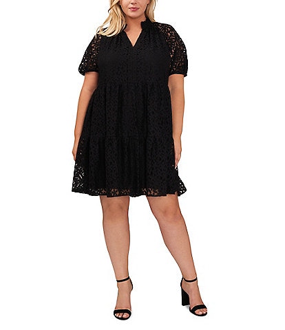CeCe Plus Size Lace V-Neck Short Puff Sleeve Tiered Babydoll Mini Dress