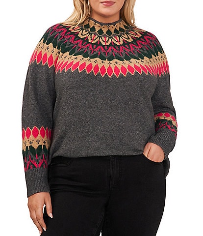 Cece Plus Size Long Sleeve Funnel Neck Argyle Sweater