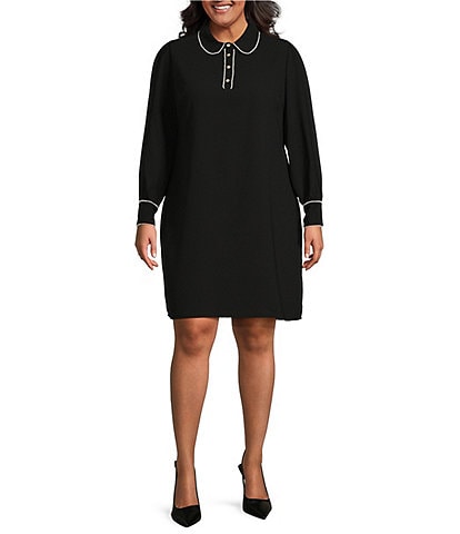 CeCe Plus Size Moss Crepe Point Collar Scallop Trim Long Sleeve Button Front Shift Above the Knee Dress