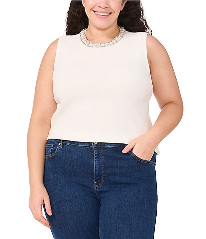 CeCe Plus Size Pearl Trim Crew Neck Sleeveless Sweater