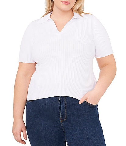 CeCe Plus Size Point Collar V-Neck Short Sleeve Ribbed Blouse