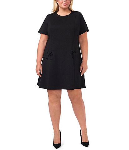 CeCe Plus Size Ponte Crew Neck Short Sleeve Bow Fit and Flare Mini Dress