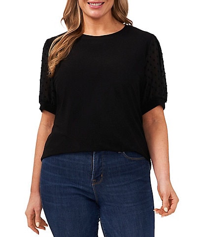 CeCe Plus Size Crew Neck Puffed Short Sleeve Mixed Media Knit Top