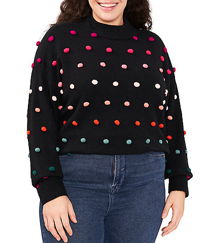 CeCe Plus Size Rainbow Pom Pom Mock Neck Long Sleeve Sweater