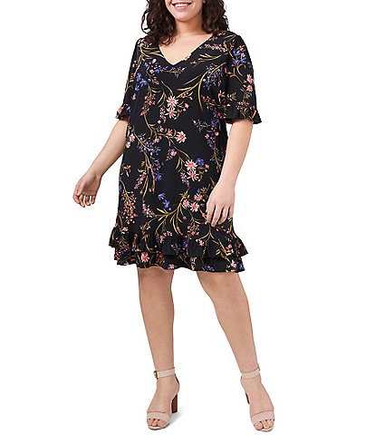 CeCe Plus Size V-Neck Ruffled Short Sleeve Floral Print Knit Dress