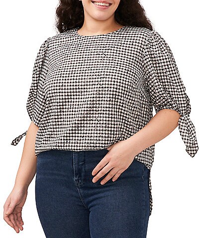 CeCe Plus Size Gingham Print Short Puffed Tied Sleeve Blouse