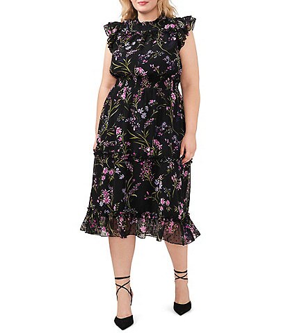 CeCe Plus Size Smocked Waist Ruffle Sleeveless Mock Neck Floral Midi Dress