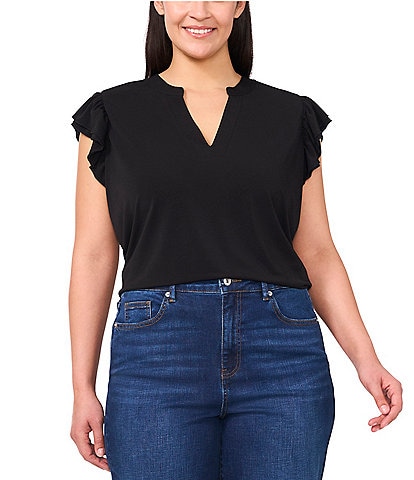 CeCe Plus Size Split Round Neck Flutter Cap Sleeve Blouse