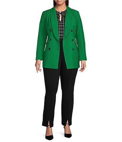 CeCe Plus Size Twill Double Breasted Shawl Collar Long Sleeve Blazer & Ponte Split Front Straight Leg Pant Suit