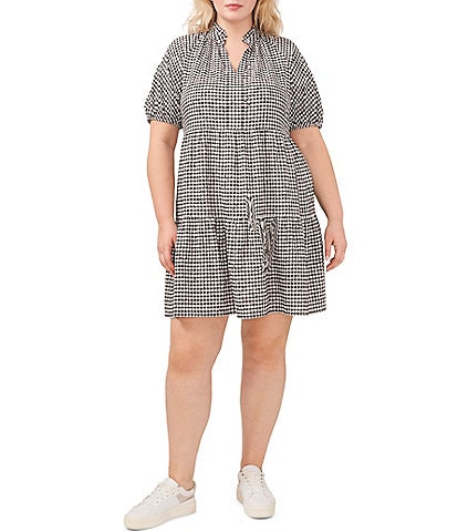 CeCe Plus Size V-Neck Short Puff Sleeve Gingham Mini Babydoll Tiered Dress