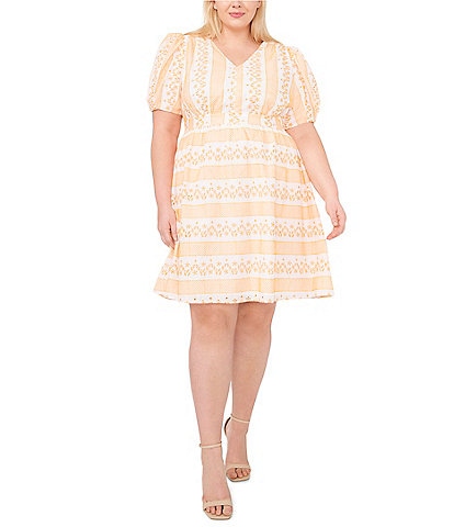 CeCe Plus Size V-Neck Short Sleeve Floral Stripe 3D Embroidered Tie Back A-Line Dress