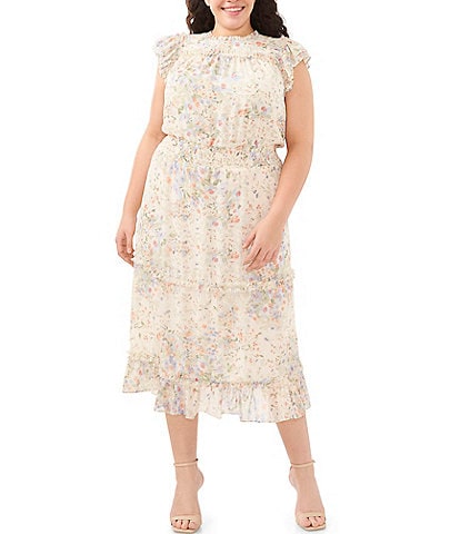 CeCe Plus Size Watercolor Floral Print Flutter Cap Sleeve Ruffle Crew Neck Smocked Waist Tiered A-Line Midi Dress