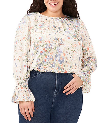 CeCe Plus Size Watercolor Floral Print Pleated Crew Neck Long Sleeve Smocked Cuff Blouse