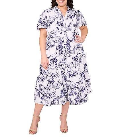 CeCe Plus Size Woven Floral Print Collared Short Puff Sleeve Midi Shirt Dress