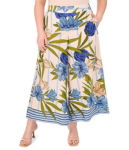 CeCe Plus Size Woven Floral Print Wide Leg Pull-On Pants