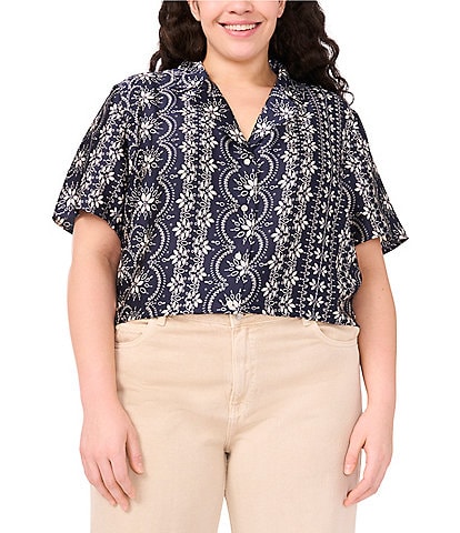 CeCe Plus Size Woven Notch Collar Short Sleeve Button Front Camp Coordinating Shirt