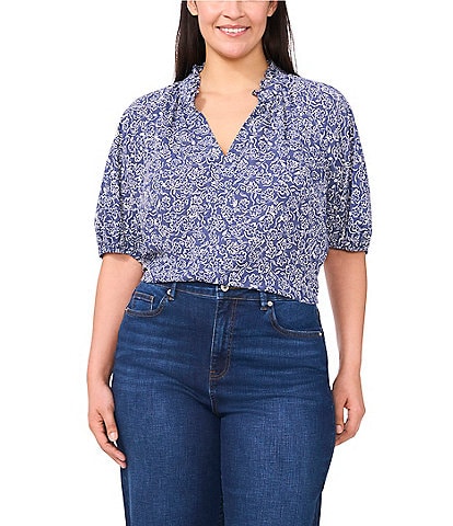 CeCe Plus Size Woven Printed Split Round Ruffle Neckline Short Puff Sleeve Blouse