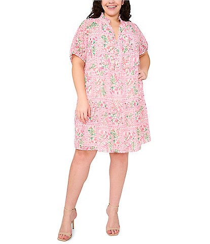 CeCe Plus Size Woven Printed Split Round Short Sleeve Babydoll Dress