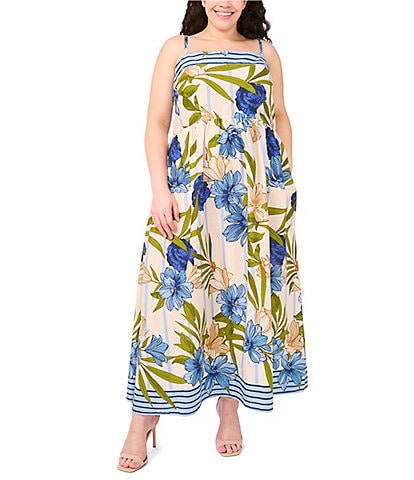 CeCe Plus Size Woven Printed Square Neck Sleeveless Midi Dress