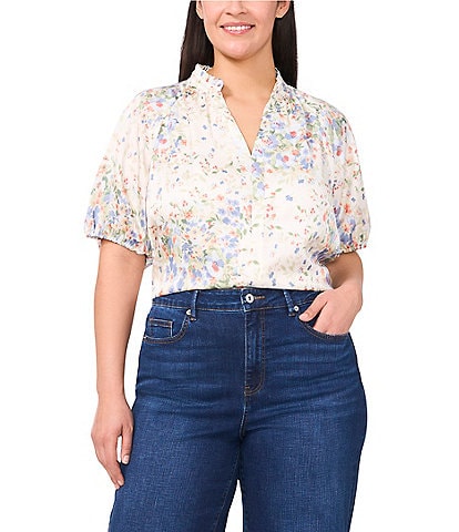 CeCe Plus Size Woven Split Round Ruffle Neck Short Puff Sleeve Blouse