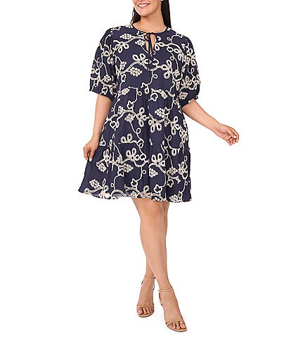 CeCe Plus Size Woven V-Neck Short Puff Sleeve Floral Embroidered Tiered A-Line Dress
